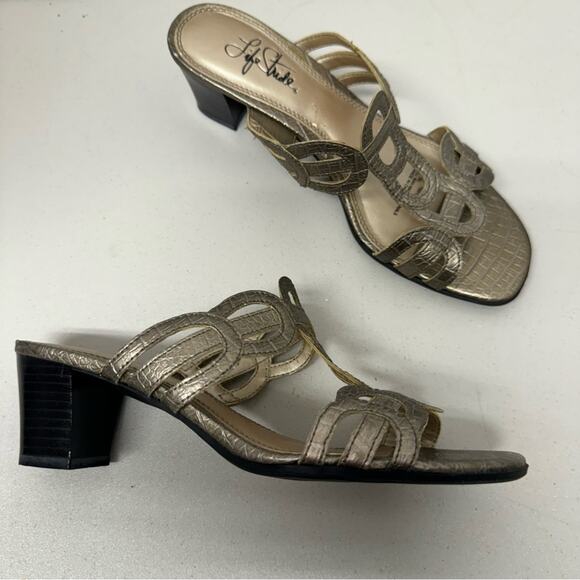 Life Stride Bronze Faux Leather Strappy Mule Heels Womens 7 Kitten Heel Y2K 90s - Picture 1 of 7